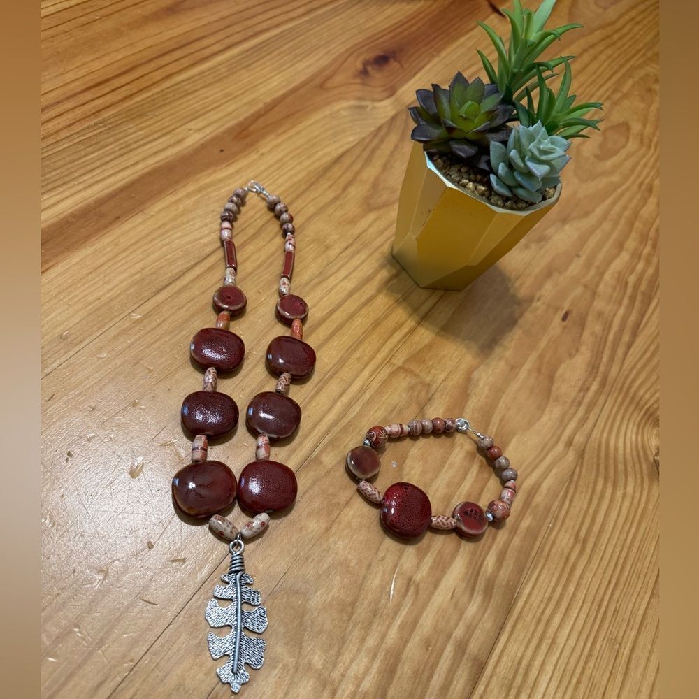 New Southwest Chunky FEATHER/LEAF PENDANT Beaded Necklace w/ Bracelet